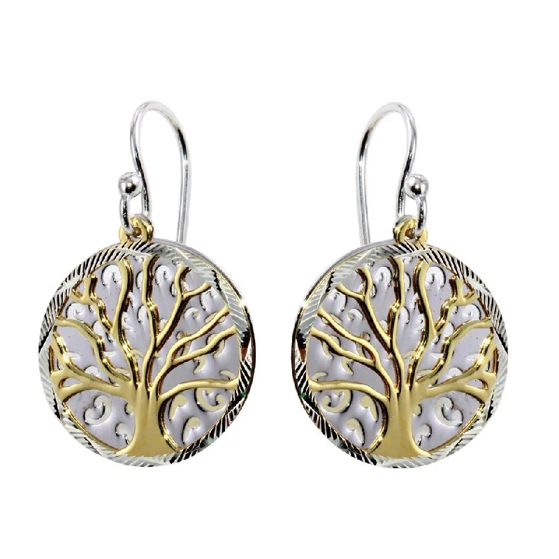 ladies earrings sculpted chain-Two-Tone 925 Sterling Silver Flat Tree Earrings - SOE00003