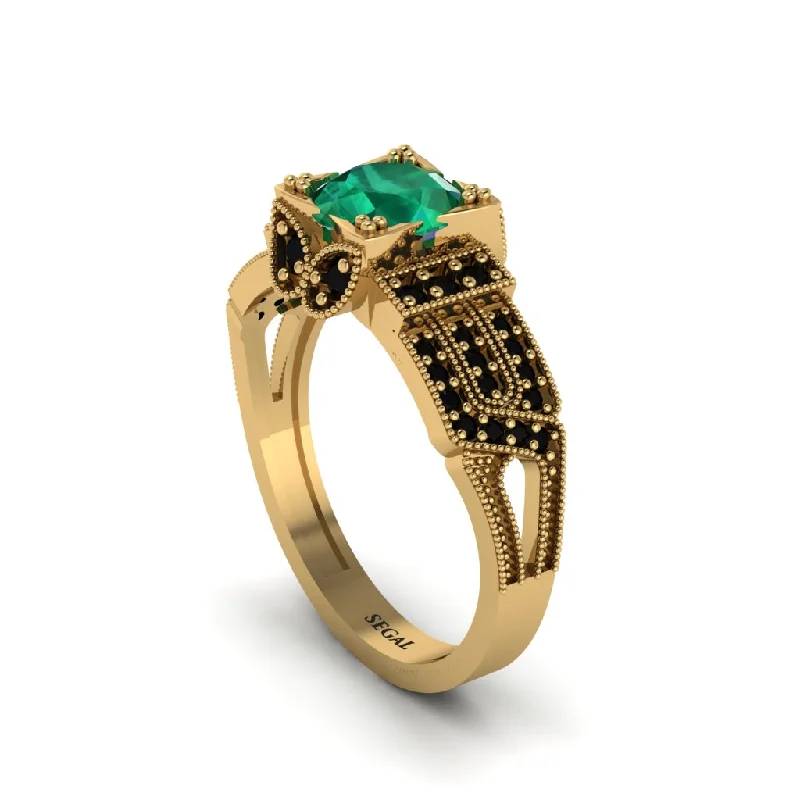 ladies engagement ring unique green emerald-Emerald Milgrain Gold Engagement Ring - Lyric No. 34