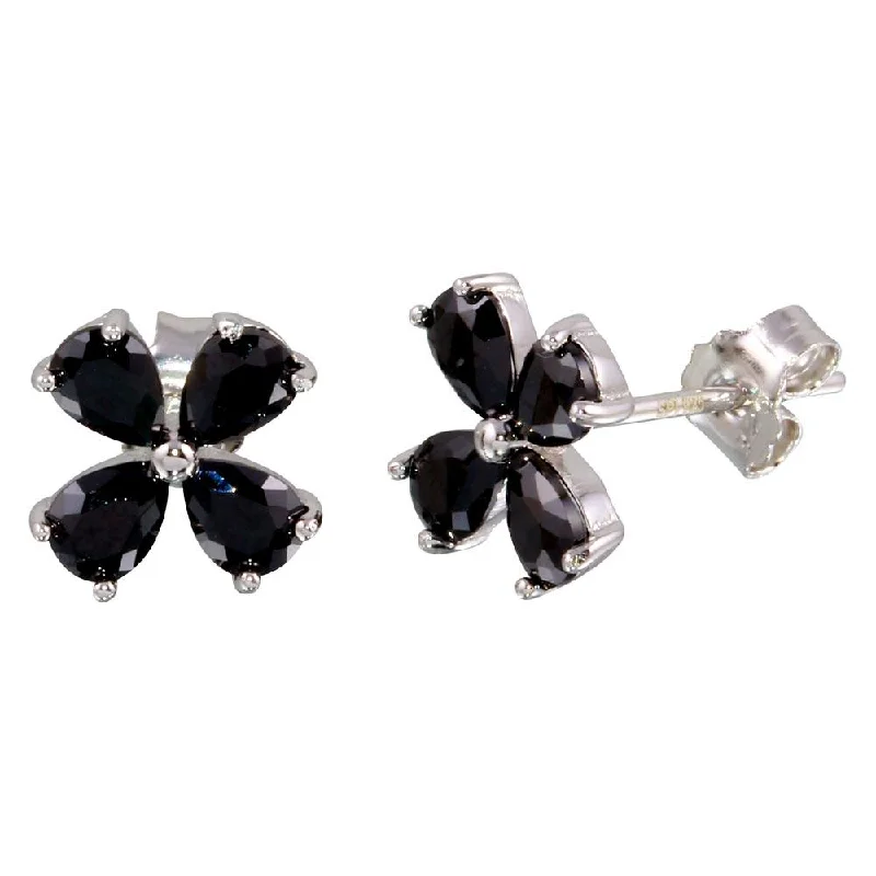 ladies earrings braided crawler-Rhodium Plated 925 Sterling Silver Black Flower CZ Earrings - STE01093