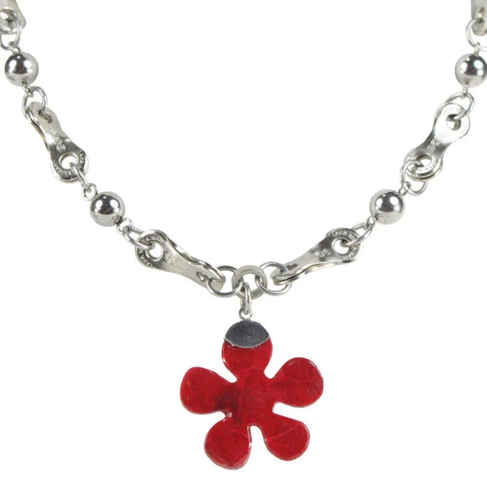 Ladies necklaces labradorite unique picks-Sterling Silver & Red Coral Flower Pendant Necklace