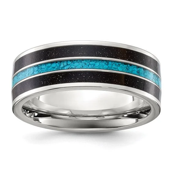 ladies ring delicate halo-Titanium Turquoise and Black Star Sandstone Inlay 8mm Band