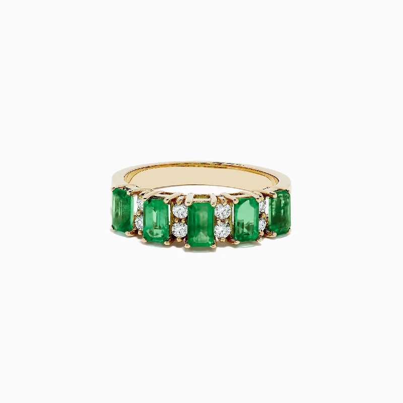 ladies ring slim round cut-14K Yellow Gold Emerald and Diamond Band, 1.53 TCW