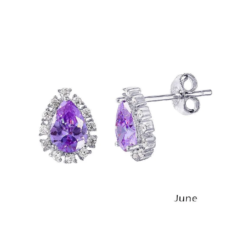 ladies earrings birthstone gold-Rhodium Plated 925 Sterling Silver Teardrop Halo CZ Birthstone Earrings June - STE01027-JUN