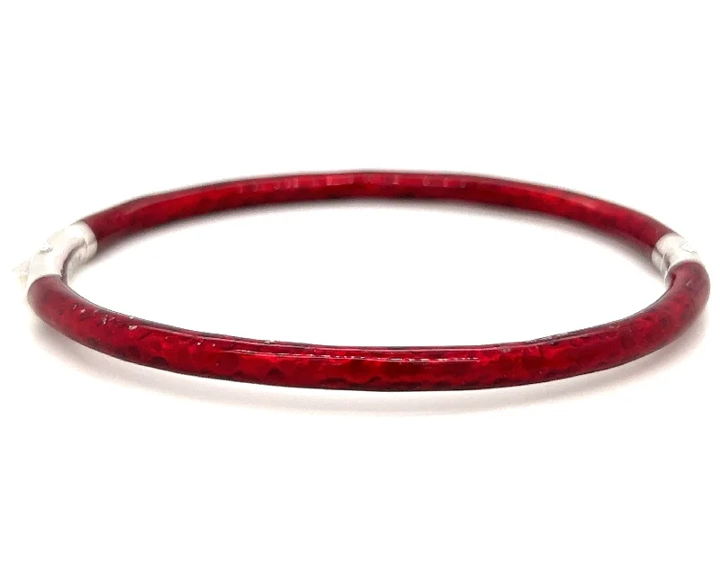 Ladies bracelets curved edge designs-Sterling Silver & Red Enamel Bangle Bracelet by SOHO