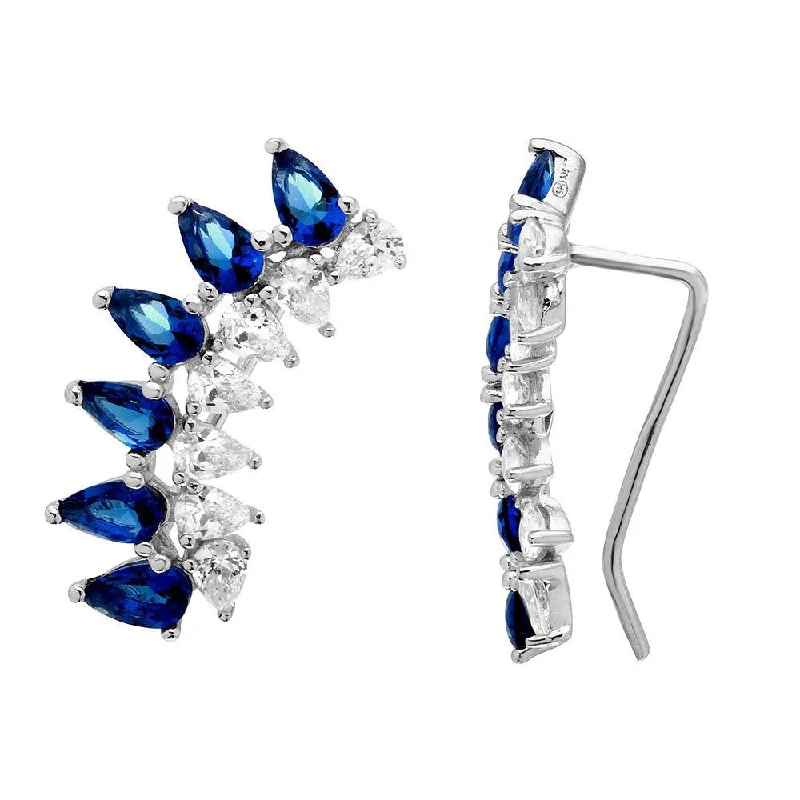 ladies earrings black friday jacket-Silver 925 Rhodium Plated Pear Shape Clear and Blue CZ Climbing Earrings - GME00059-BLUE