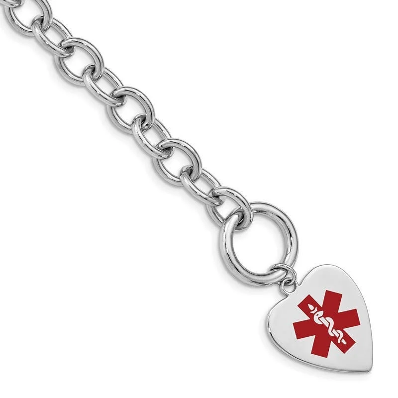 Ladies bracelets enamel detail designs-Sterling Silver Rhodium Engraveable Enamel Heart Medical ID Bracelet