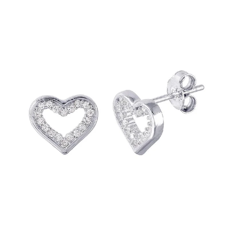 ladies earrings summer moonstone-Silver 925 Rhodium Plated Open Heart CZ Earrings - STE01022