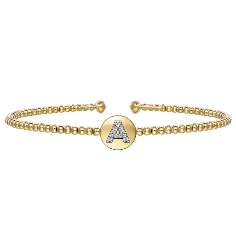 Ladies bracelets mid-century modern looks-Gabriel 14K Yellow Gold Round A Initial Diamond Bujukan Cuff Bracelet