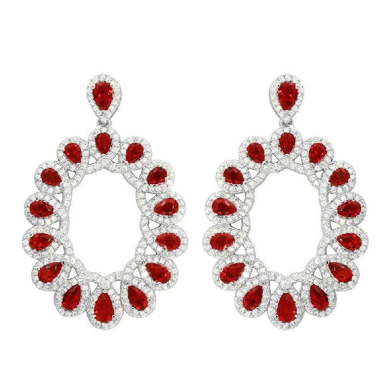 ladies earrings unique sapphire-Rhodium Plated 925 Sterling Silver Open Oval Red and Clear CZ Hanging Earrings - GME00106-RED