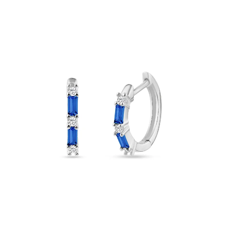 ladies earrings leaf garnet-Sterling Silver Rhodium Plated Blue CZ Huggie Hoop Earring 13.2mm - STE01331-BLUE