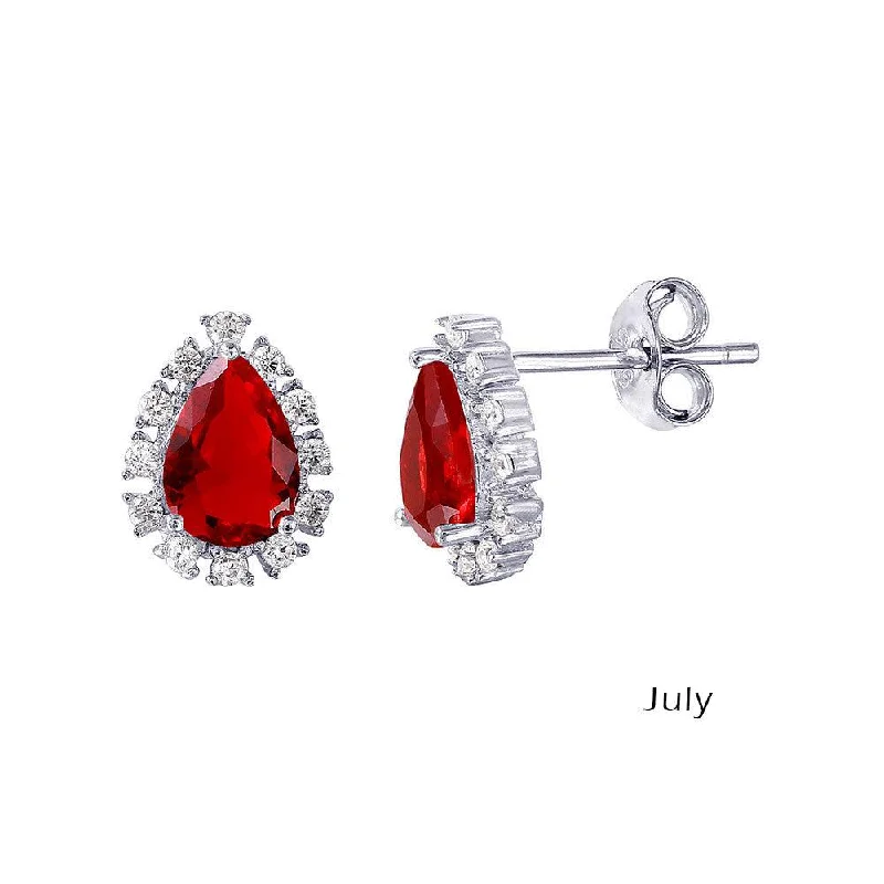 ladies earrings designer jacket-Rhodium Plated 925 Sterling Silver Teardrop Halo CZ Birthstone Earrings July - STE01027-JUL