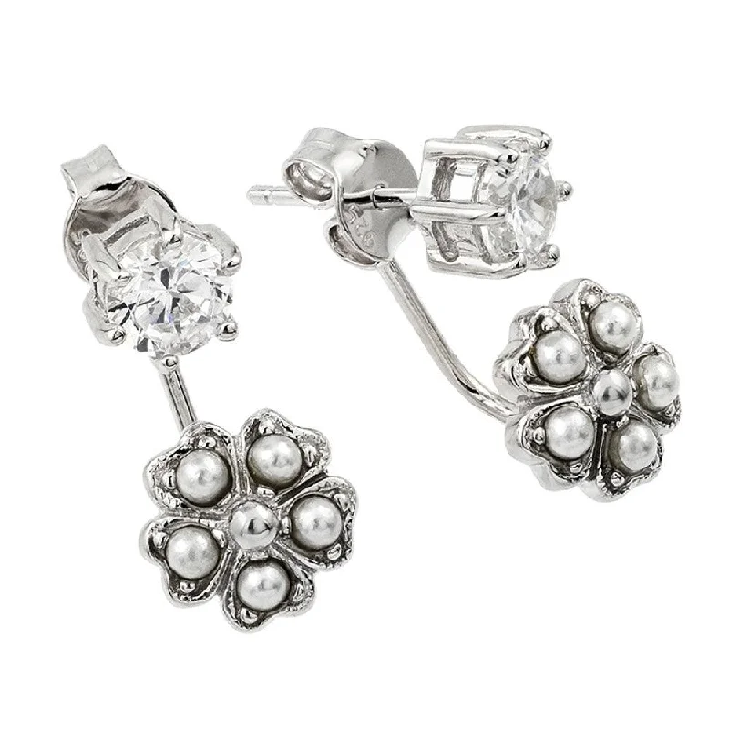 ladies earrings winter topaz-Silver 925 Rhodium Plated Floral Earring Front and Back Earrings - BGE00436