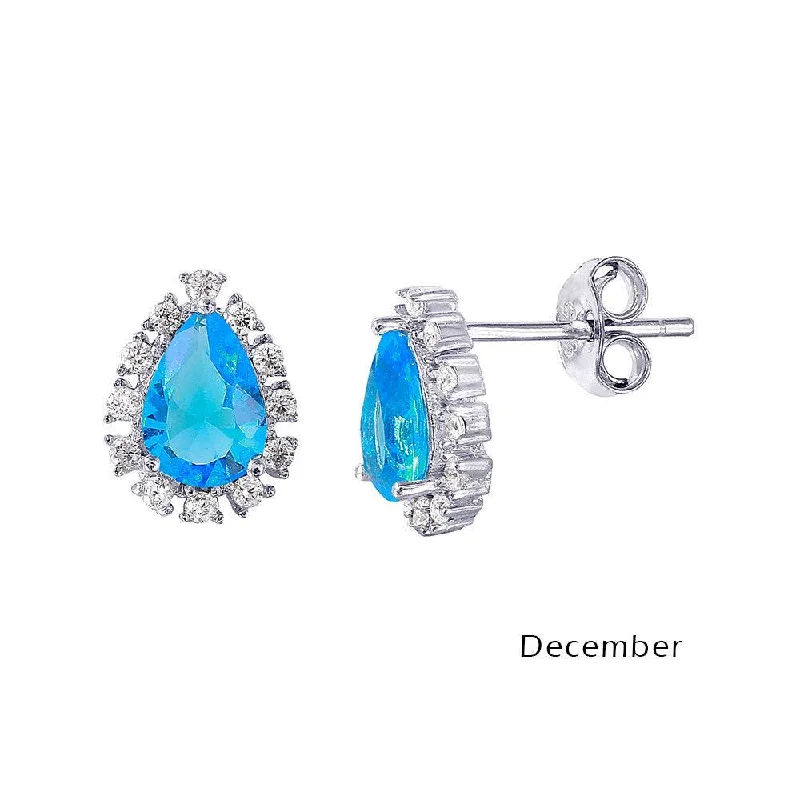 ladies earrings trendy multi-stone-Rhodium Plated 925 Sterling Silver Teardrop Halo CZ Birthstone Earrings December - STE01027-DEC