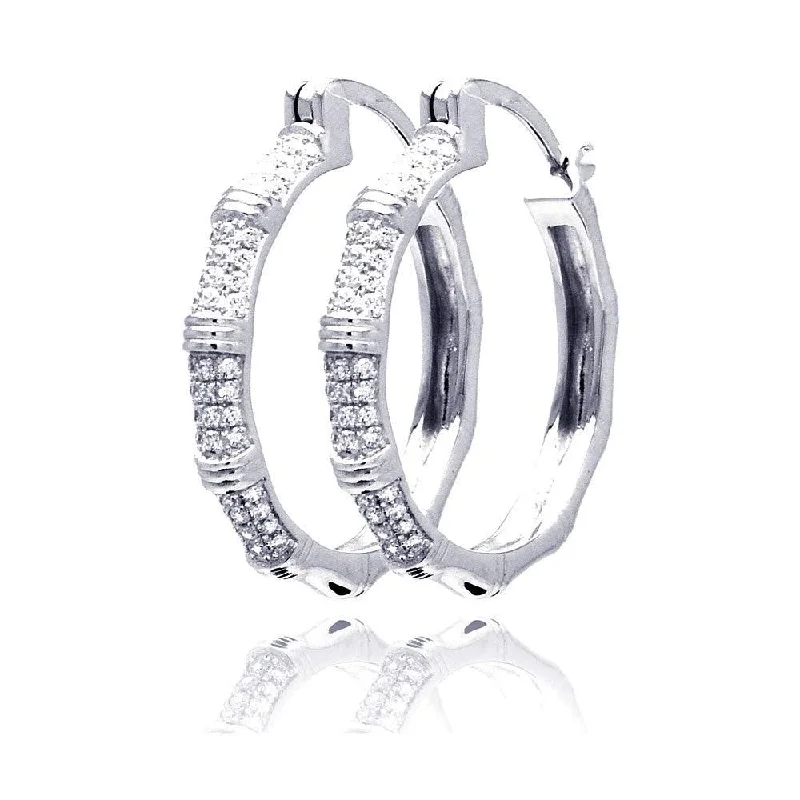 ladies earrings fall layered-Silver 925 Rhodium Plated Micro Pave Clear CZ Hoop Earrings - ACE00062