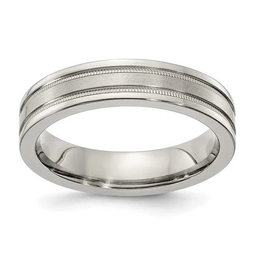 ladies ring name eco-friendly-Edward Mirell Titanium Brushed And Polished Flat Milgrain 5mm Band