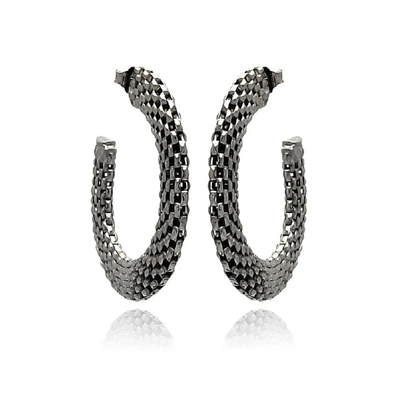 ladies earrings premium solitaire-Silver 925 Two Toned Rhodium Plated Crescent Box Link Italian Stud Earrings - ITE00019BLK