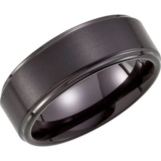 ladies ring delicate oval cut-Black PVD Tungsten 8 mm Ridged Band