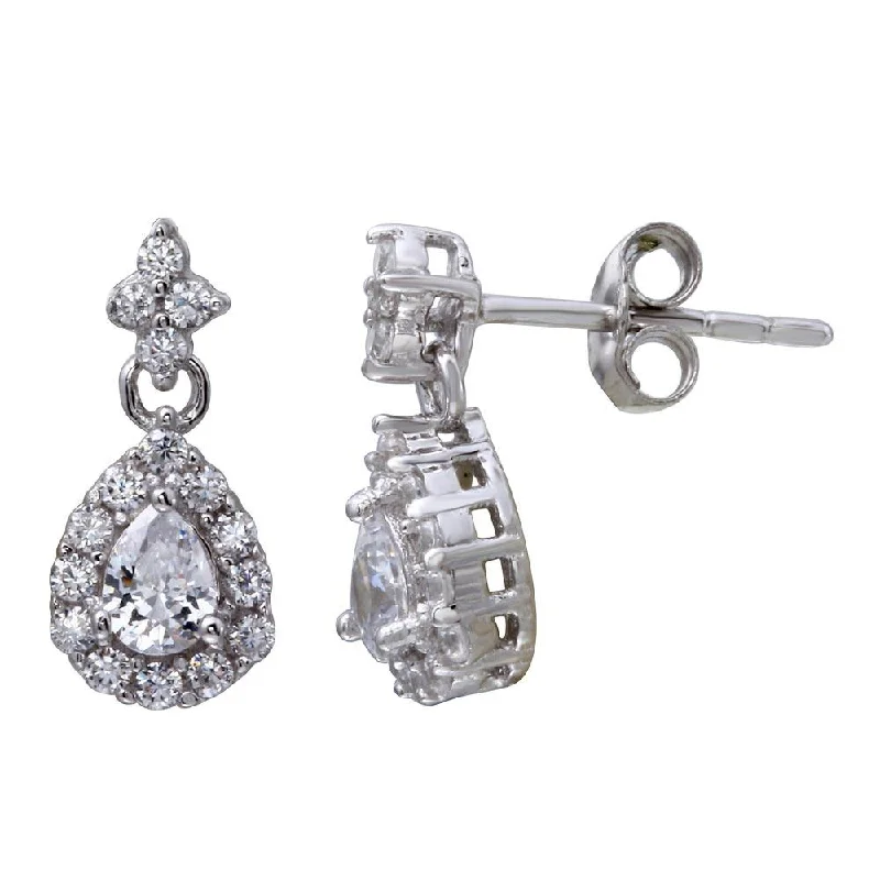 ladies earrings ornate threader-Rhodium Plated 925 Sterling Silver Mini Teardrop Earrings with CZ - STE01114