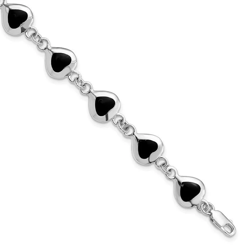 Ladies bracelets standout unique styles-Sterling Silver Rhodium-plated 7inch Fancy Polished Heart Onyx Bracelet