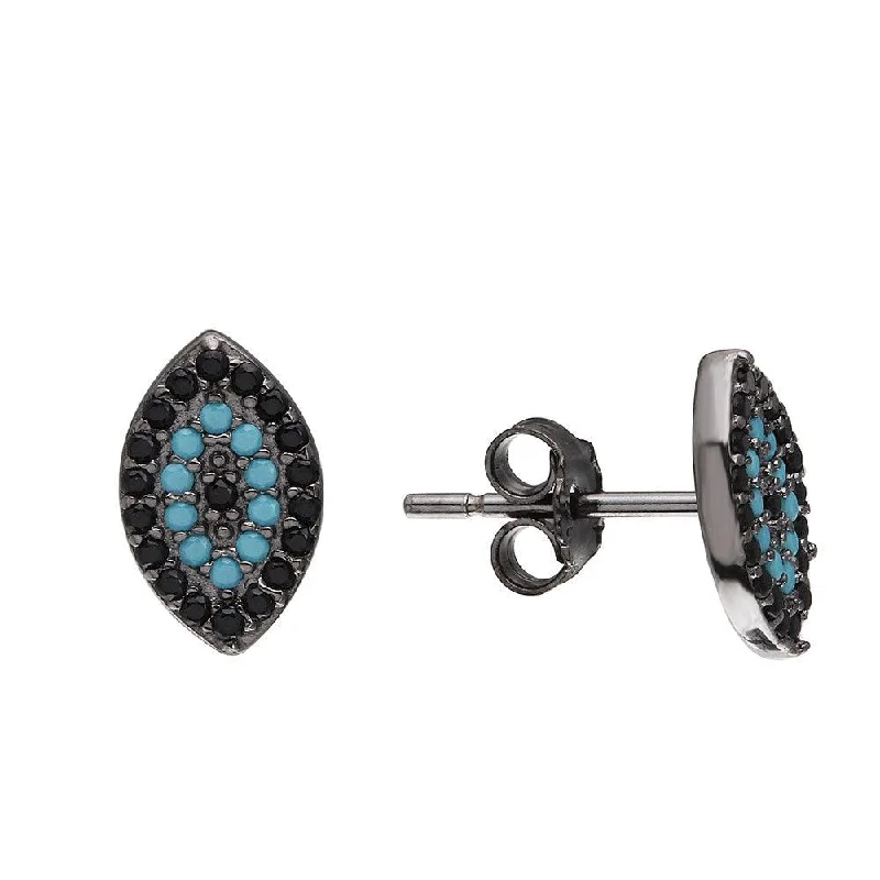 ladies earrings leaf fringe-Black Rhodium Plated 925 Sterling Silver Evil Eye Earrings with Black CZ and Turquoise Stones - STE01072BP