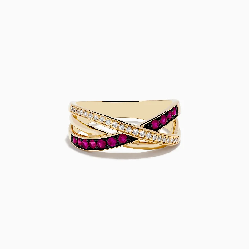 ladies ring marquise cut turquoise-Ruby Royale 14K Yellow Gold Ruby and Diamond Crossover Band