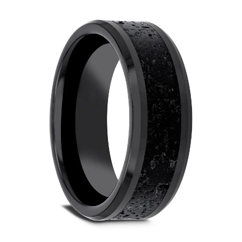 ladies ring initial eco-friendly-Thorsten VESUVIUS Black Ceramic Wedding Band with Black & Gray Lava Rock Stone Inlay & Polished Beveled Edges - 6mm & 8mm