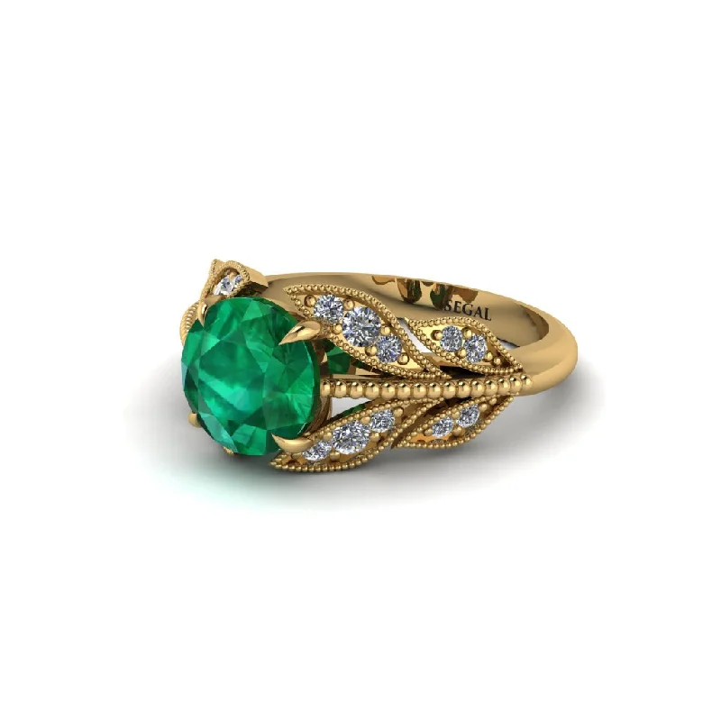 ladies engagement ring name bezel-Emerald Majestic Leaf Gold Engagement Ring - Makenna No. 4