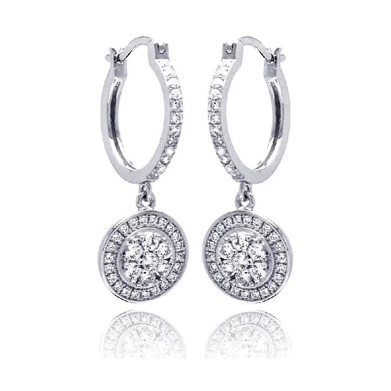 ladies earrings butterfly pearl-Silver 925 Rhodium Plated Micro Pave Clear Round CZ Wire Dangling huggie hoop Earrings - ACE00059