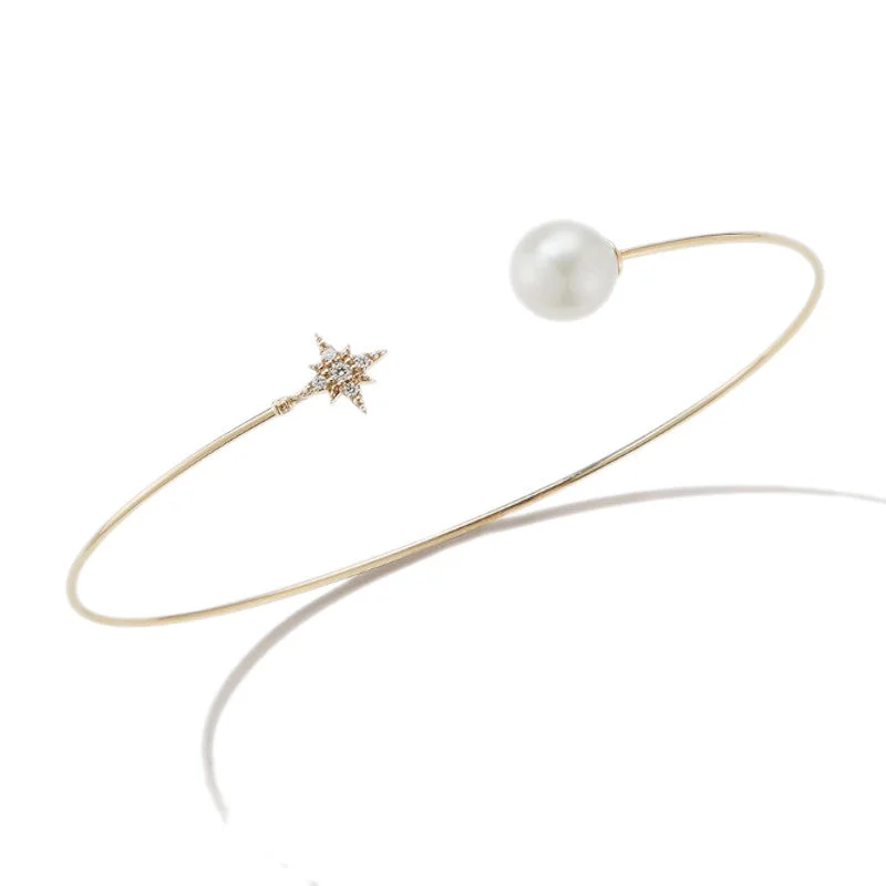 Ladies bracelets eco-friendly materials-Mizuki 14k Yellow Gold Star Diamond and Pearl Cuff Bracelet