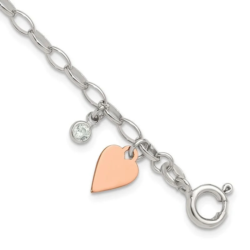 Ladies bracelets ideal proposal gifts-Sterling Silver Rose Gold-plated Polished w/Heart and CZ Link Bracelet