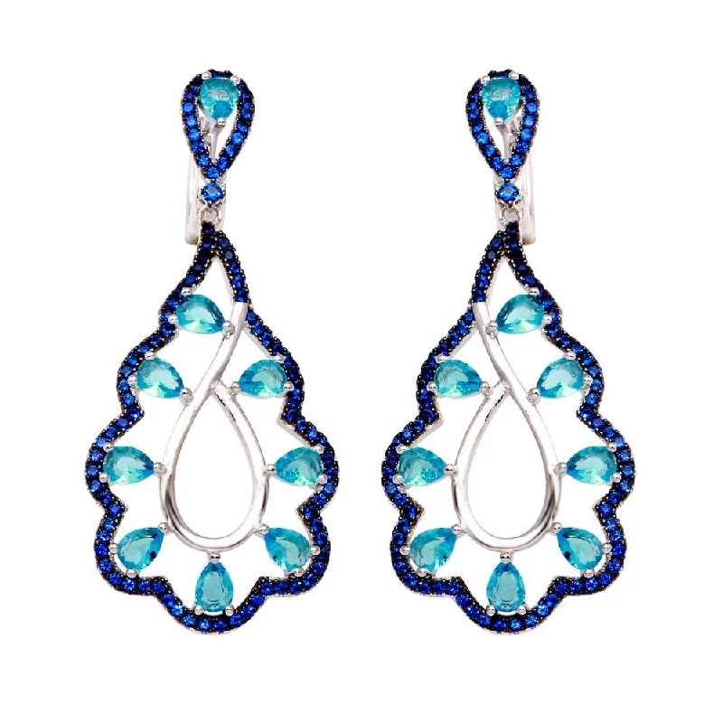 ladies earrings trendy yellow topaz-Rhodium Plated 925 Sterling Silver Teal and Blue CZ Teardrop Earrings - BGE00582