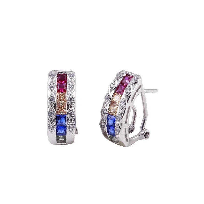 ladies earrings fall teardrop-Rhodium Plated 925 Sterling Silver Multi-Colored Clip On Hoop Earrings - BGE00602