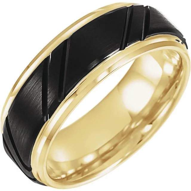 ladies ring statement halo-Black PVD & 18K Yellow Gold-Plated Tungsten 8 mm Grooved Band