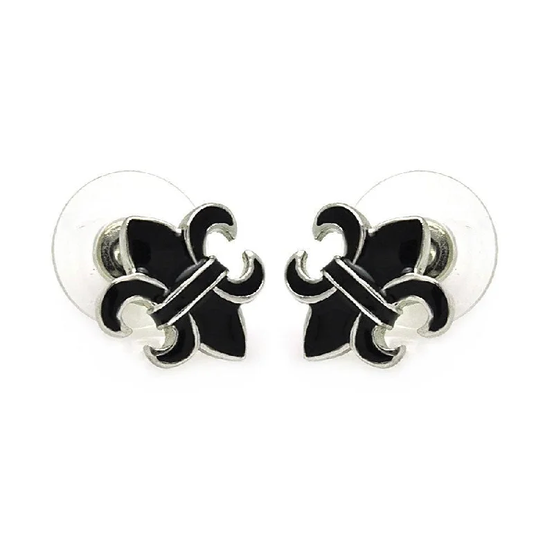 ladies earrings premium teardrop-Silver 925 Rhodium Plated Black Fleur De Lis Stud Earrings - BGE00199