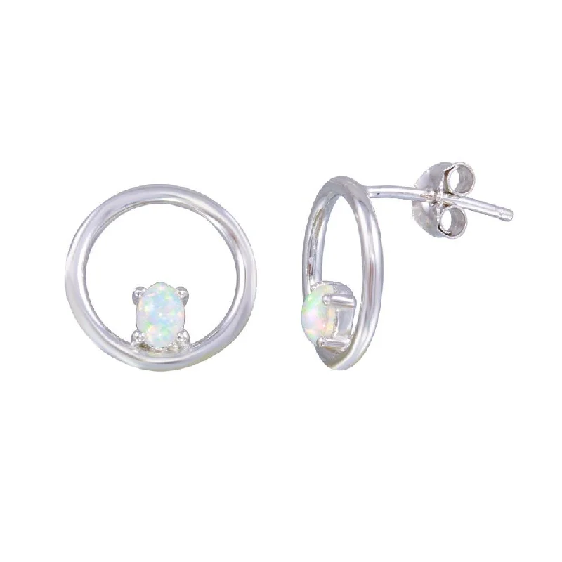 ladies earrings beach halo-Rhodium Plated 925 Sterling Silver Open Circle Synthetic Opal Earrings - STE01186