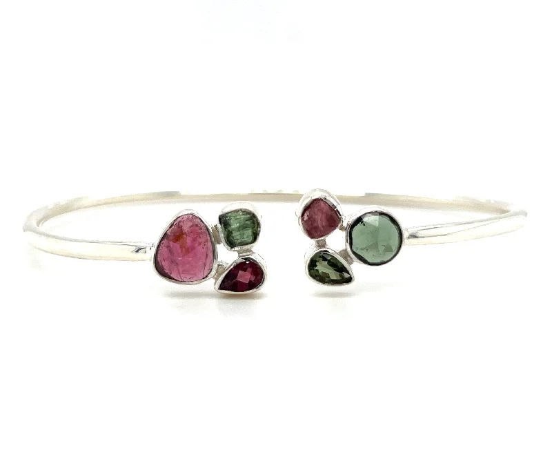 Ladies bracelets distressed look designs-Sterling Silver Pink & Green Tourmaline Bangle Bracelet