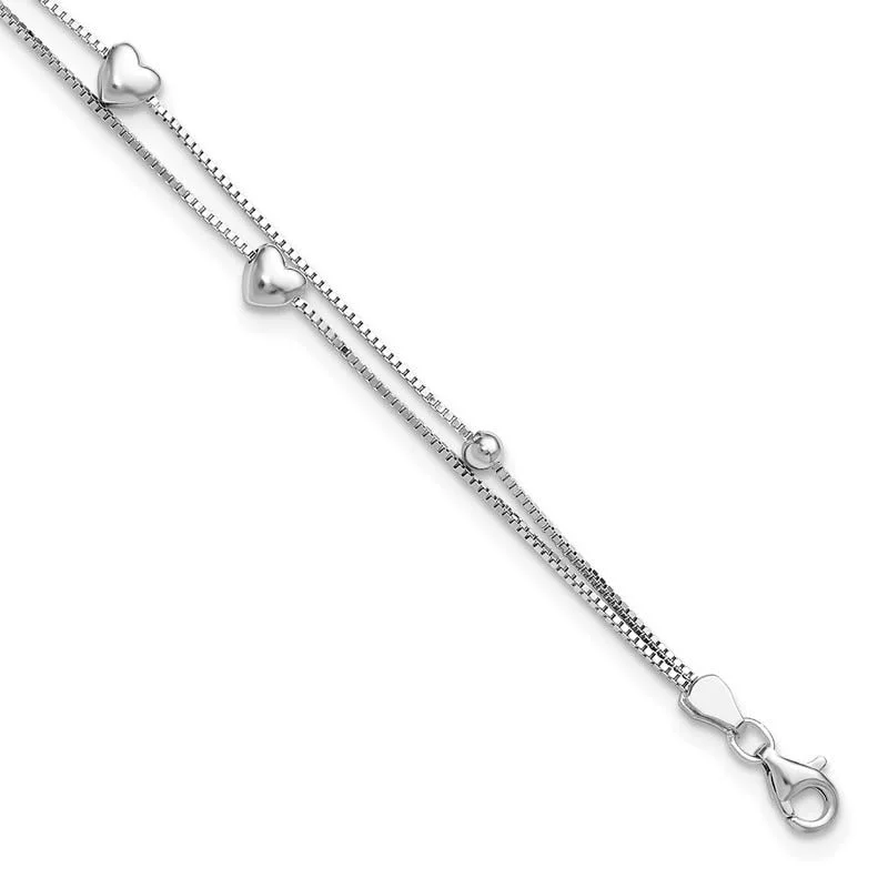 Ladies bracelets anniversary special designs-Sterling Silver Rhod-plated  6.75 1in ext Two Strand Heart/Bead Bracelet