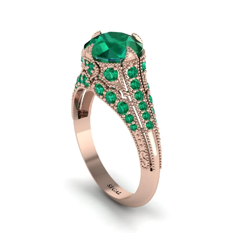 ladies engagement ring engraved three stone-Emerald Vintage Crown Engagement Ring - Talia No. 20