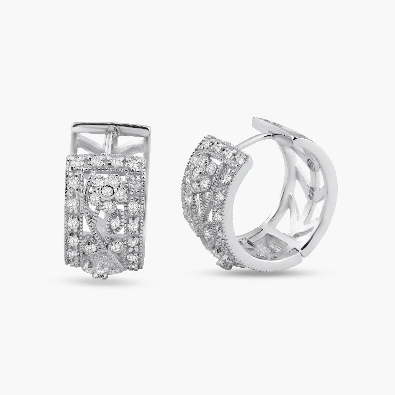 ladies earrings birthstone multi-stone-Silver 925 Rhodium Plated Round Filigree CZ huggie hoop Earrings - STE00568