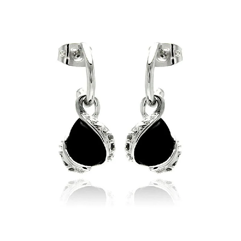 ladies earrings christmas green emerald-Silver 925 Rhodium Plated CZ Black Teardrop Onyx Dangling Stud Earrings - BGE00237