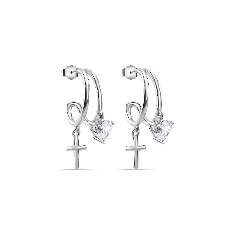 ladies earrings romantic chain-Rhodium Plated 925 Sterling Silver Heart and Cross Hoop Earring - STE01384