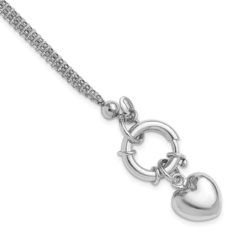 Ladies bracelets online shopping deals-Sterling Silver Rhod-plated Polished Puff Heart Dangle 6.5in Bracelet