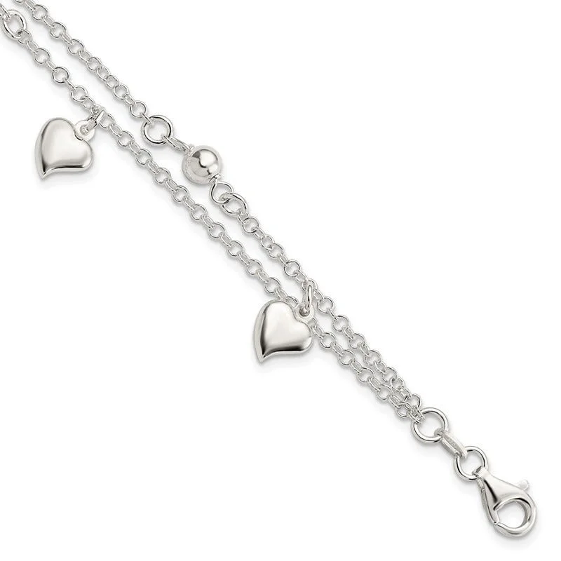 Ladies bracelets rigid frame designs-Sterling Silver Polished Dangle Heart 6.5in Plus .75 in ext Bracelet