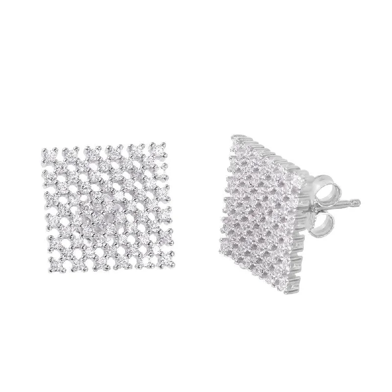 ladies earrings smooth crescent-Silver 925 Rhodium Plated Large Checkered CZ Stud Earrings - ACE00080RH