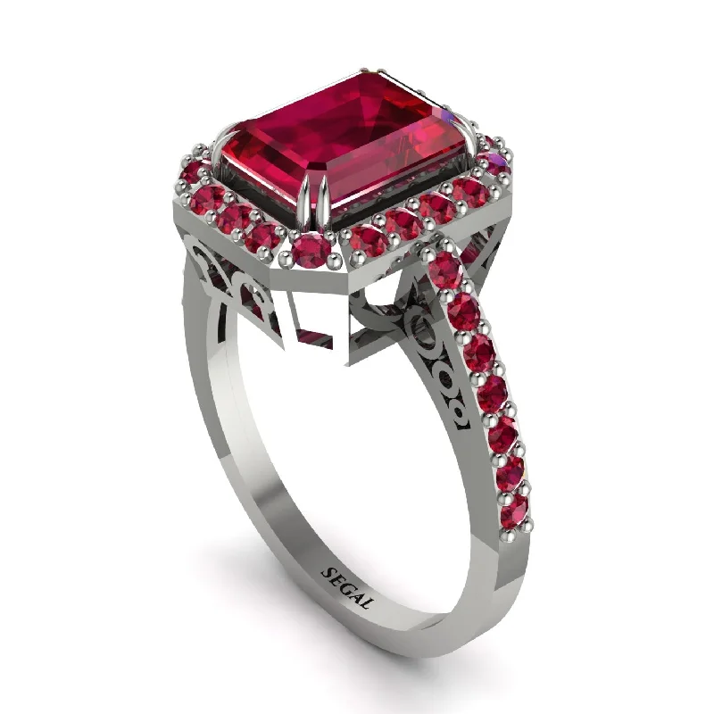 ladies engagement ring premium pave-Emerald Cut Ruby Vintage-Inspired Engagement Ring - Addilyn No. 57