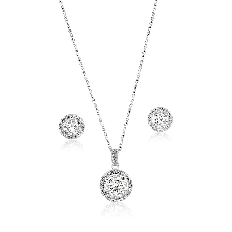 ladies earrings valentine’s cluster-Rhodium Plated 925 Sterling Silver Round Moissanite 0.5 Carat Earring and 2 Carat Necklace Sets - MBGS00001