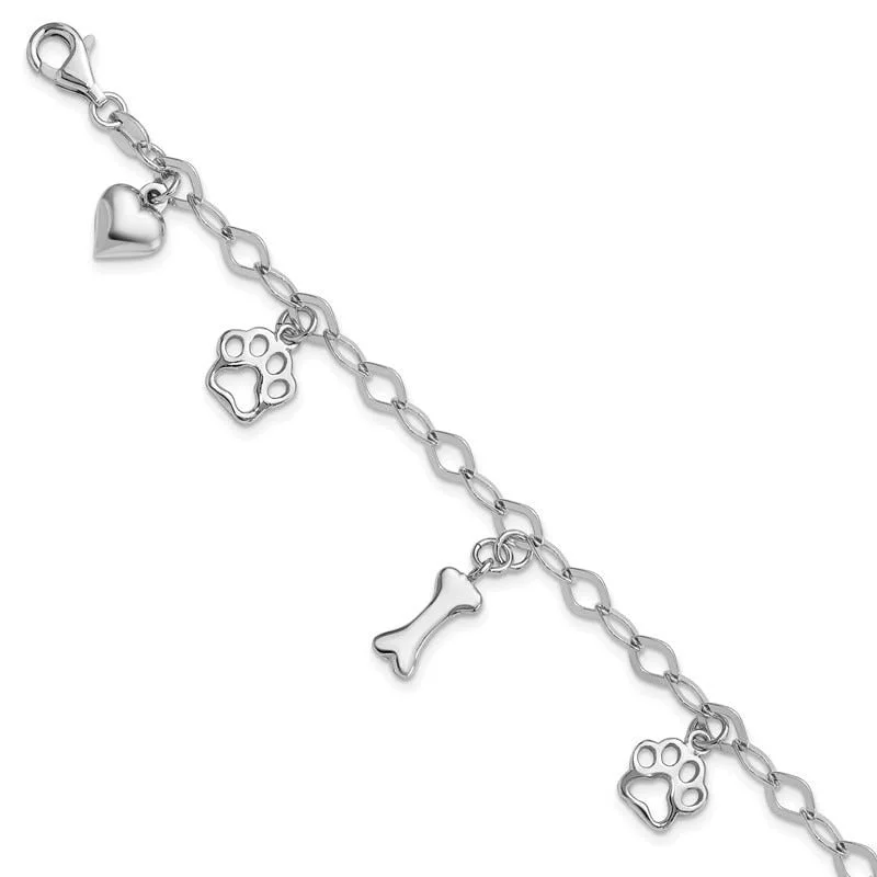 Ladies bracelets jade decorative pieces-Sterling Silver Rhodium-plated Dog Bone Paw Heart Charm 7.5in Bracelet