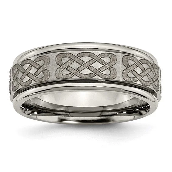 ladies ring filigree moonstone-Titanium Ridged Edge 8mm Celtic Knot Laser Design Brushed & Polished Band