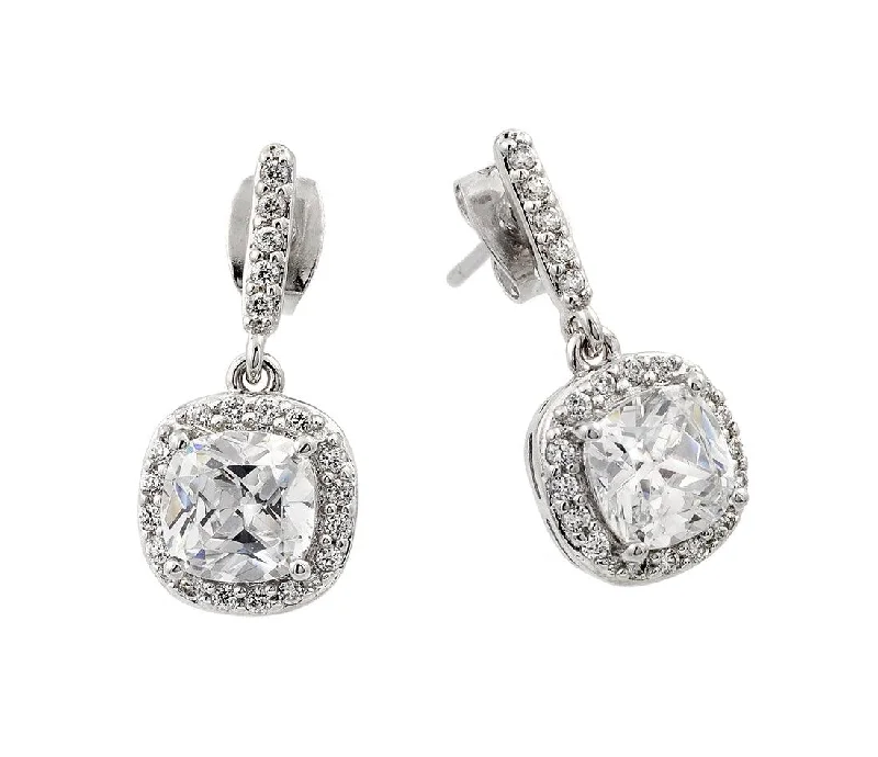 ladies earrings chic square-Rhodium Plated 925 Sterling Silver Hanging Square Halo CZ Earrings - BGE00430