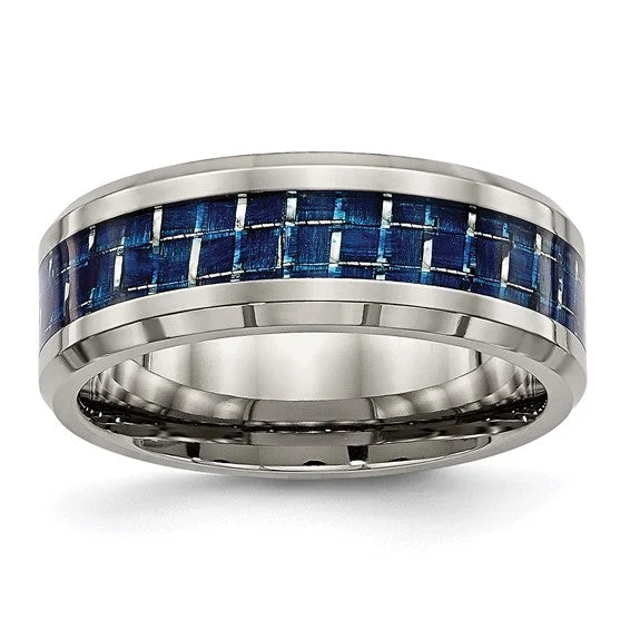 ladies ring premium trillion cut-Titanium Blue Carbon Fiber Inlay Polished 8mm Band